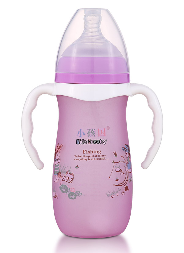  小孩國寬口硅膠感溫自動(dòng)玻璃奶瓶280ML 紫色